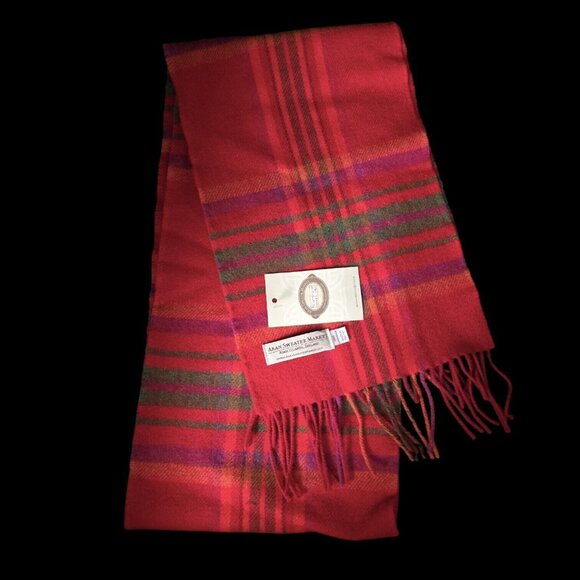 Aran Sweater Market Ireland Lambswool Red Pink Plaid Scarf Long JHC1903 - Picture 6 of 12